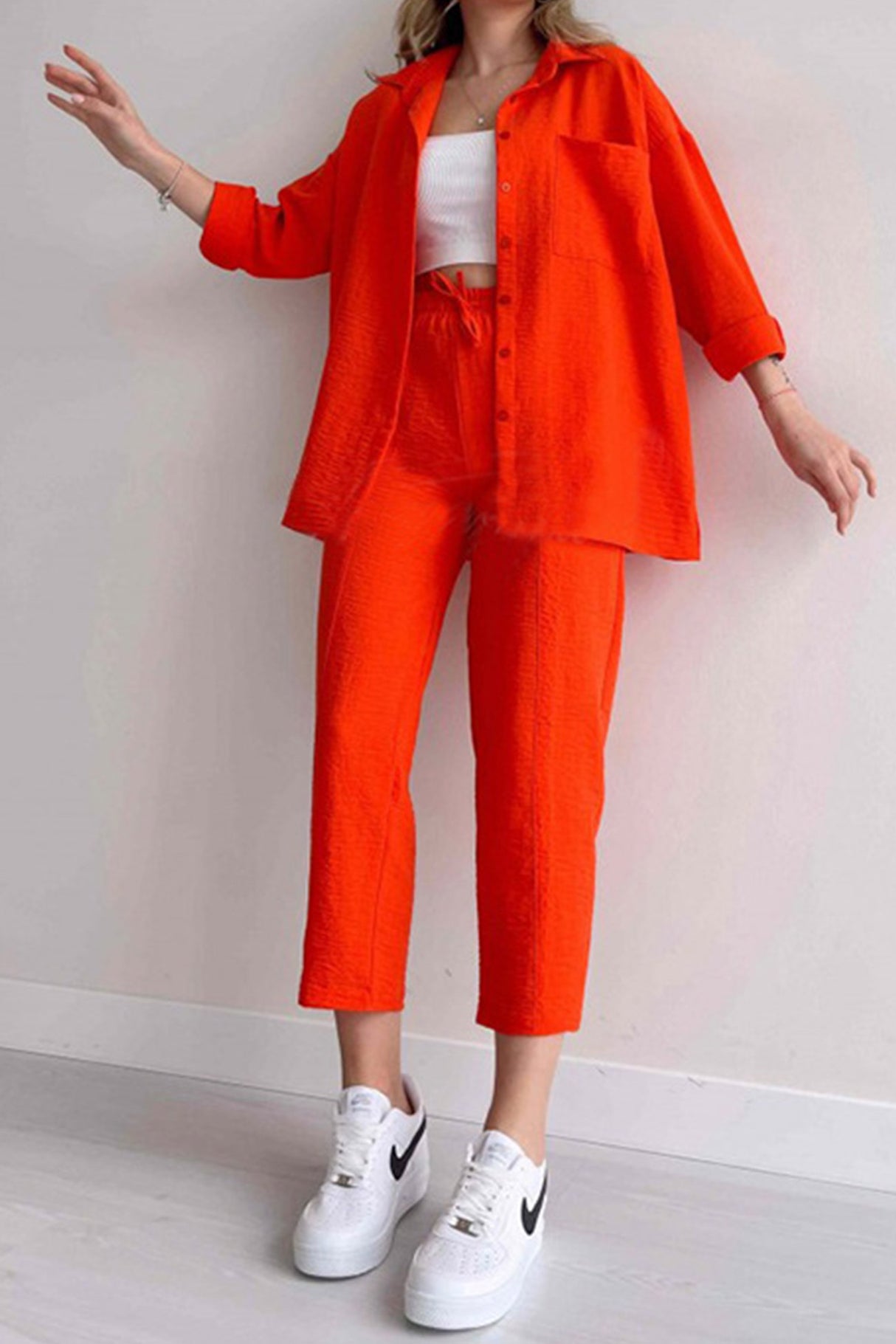 Long Sleeve Solid Color Shirt Long Pants Set
