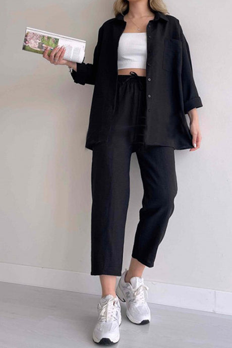 Long Sleeve Solid Color Shirt Long Pants Set