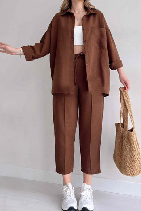 Long Sleeve Solid Color Shirt Long Pants Set