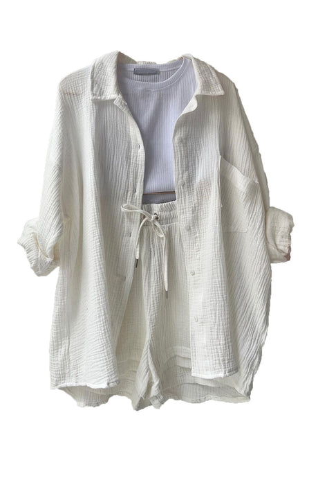 Arolora Long Sleeve Solid Color Shirt Shorts Set