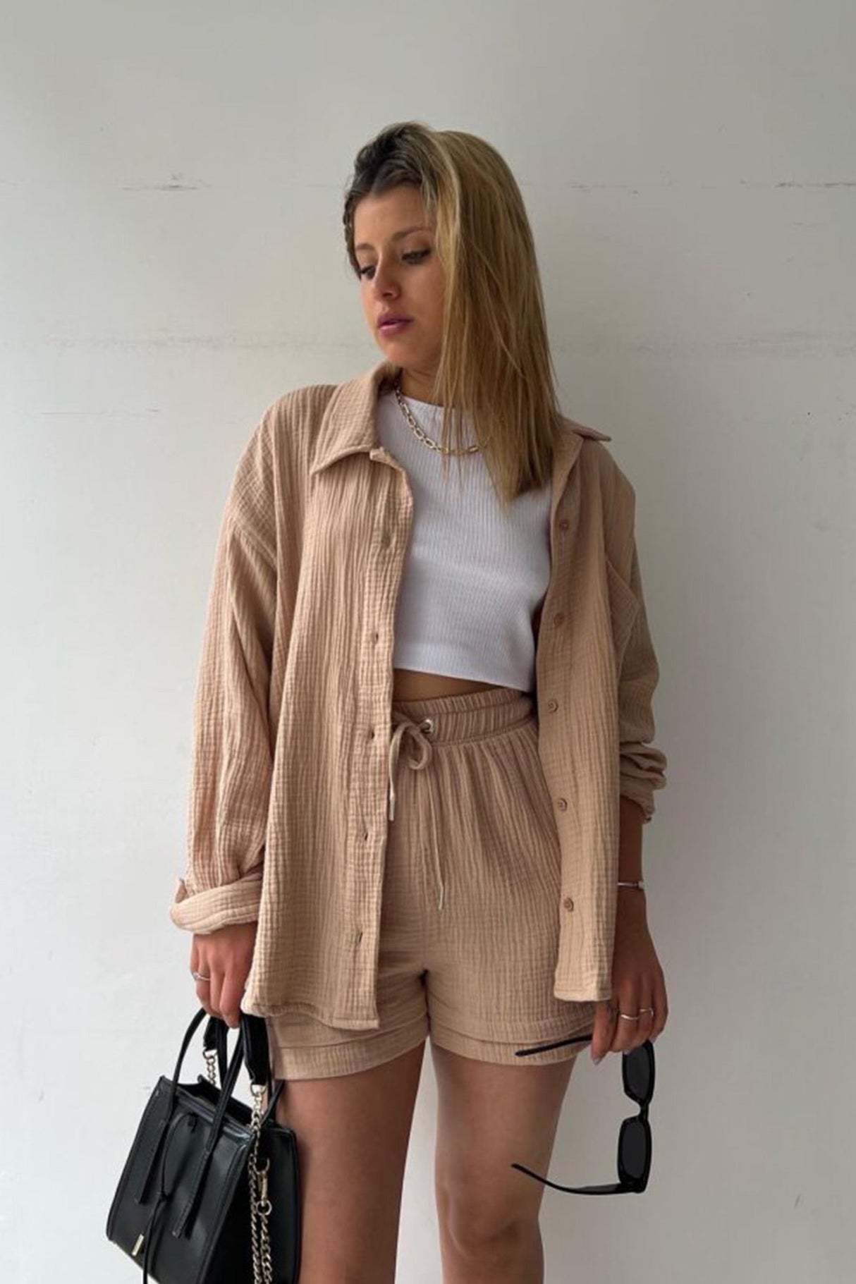 Arolora Long Sleeve Solid Color Shirt Shorts Set