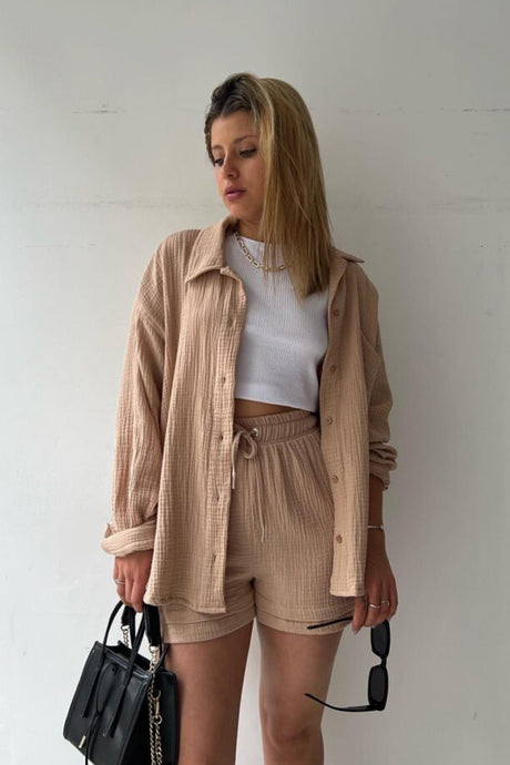 Arolora Long Sleeve Solid Color Shirt Shorts Set