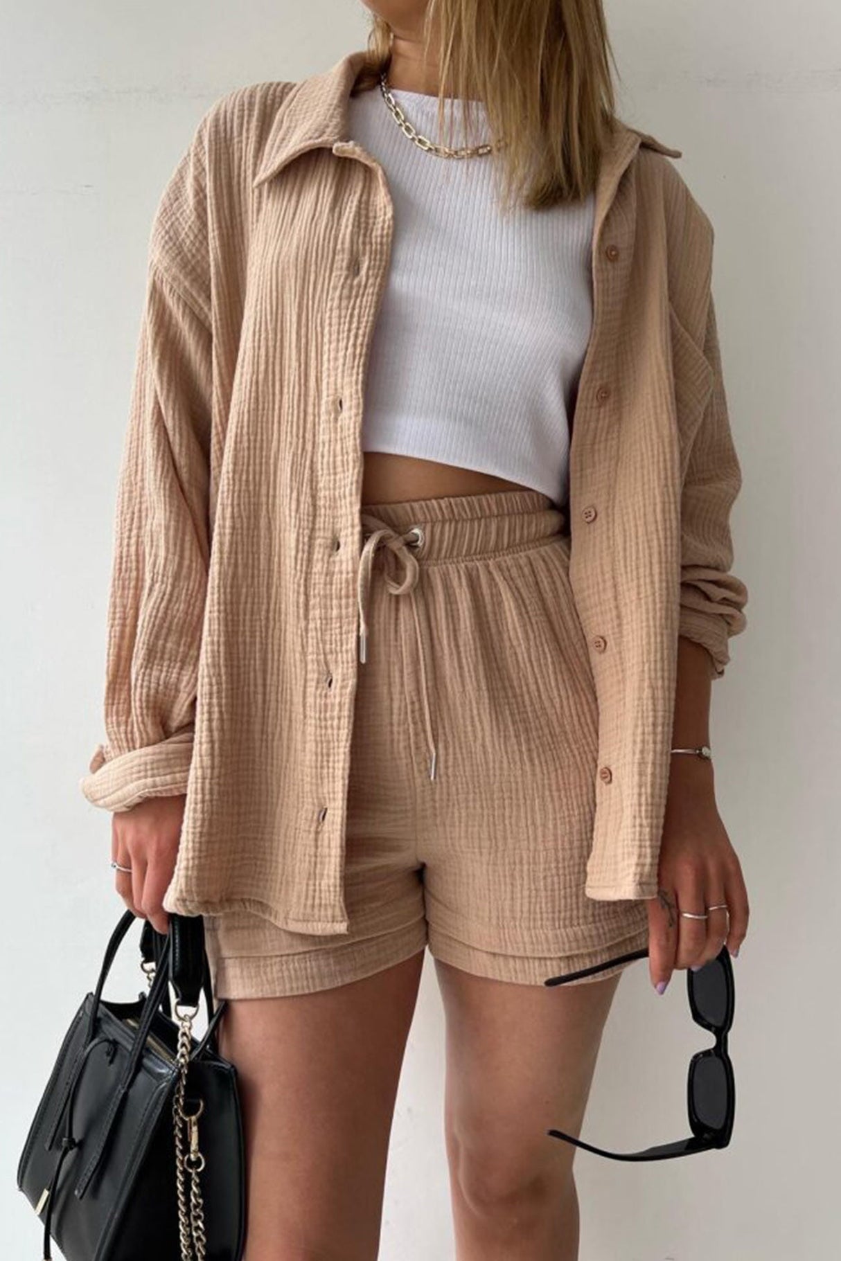 Arolora Long Sleeve Solid Color Shirt Shorts Set