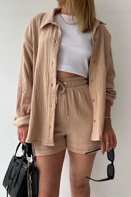 Arolora Long Sleeve Solid Color Shirt Shorts Set