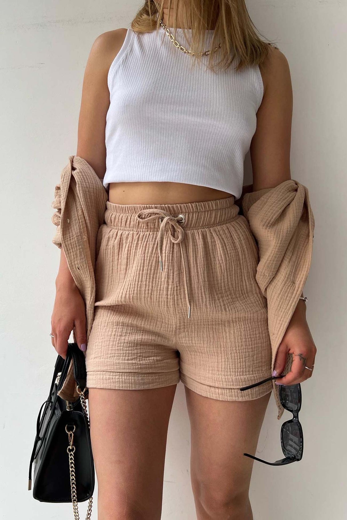 Arolora Long Sleeve Solid Color Shirt Shorts Set