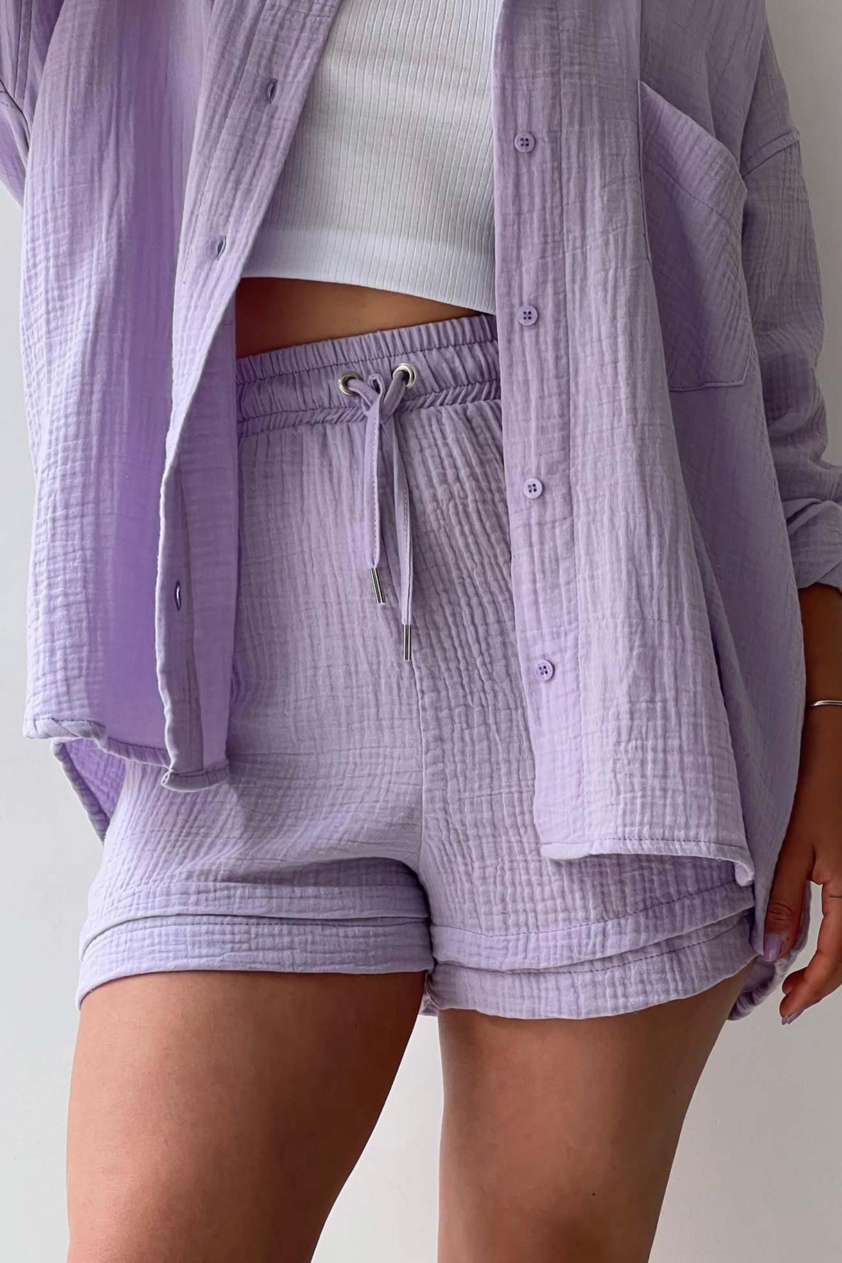 Arolora Long Sleeve Solid Color Shirt Shorts Set