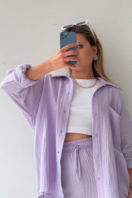 Arolora Long Sleeve Solid Color Shirt Shorts Set