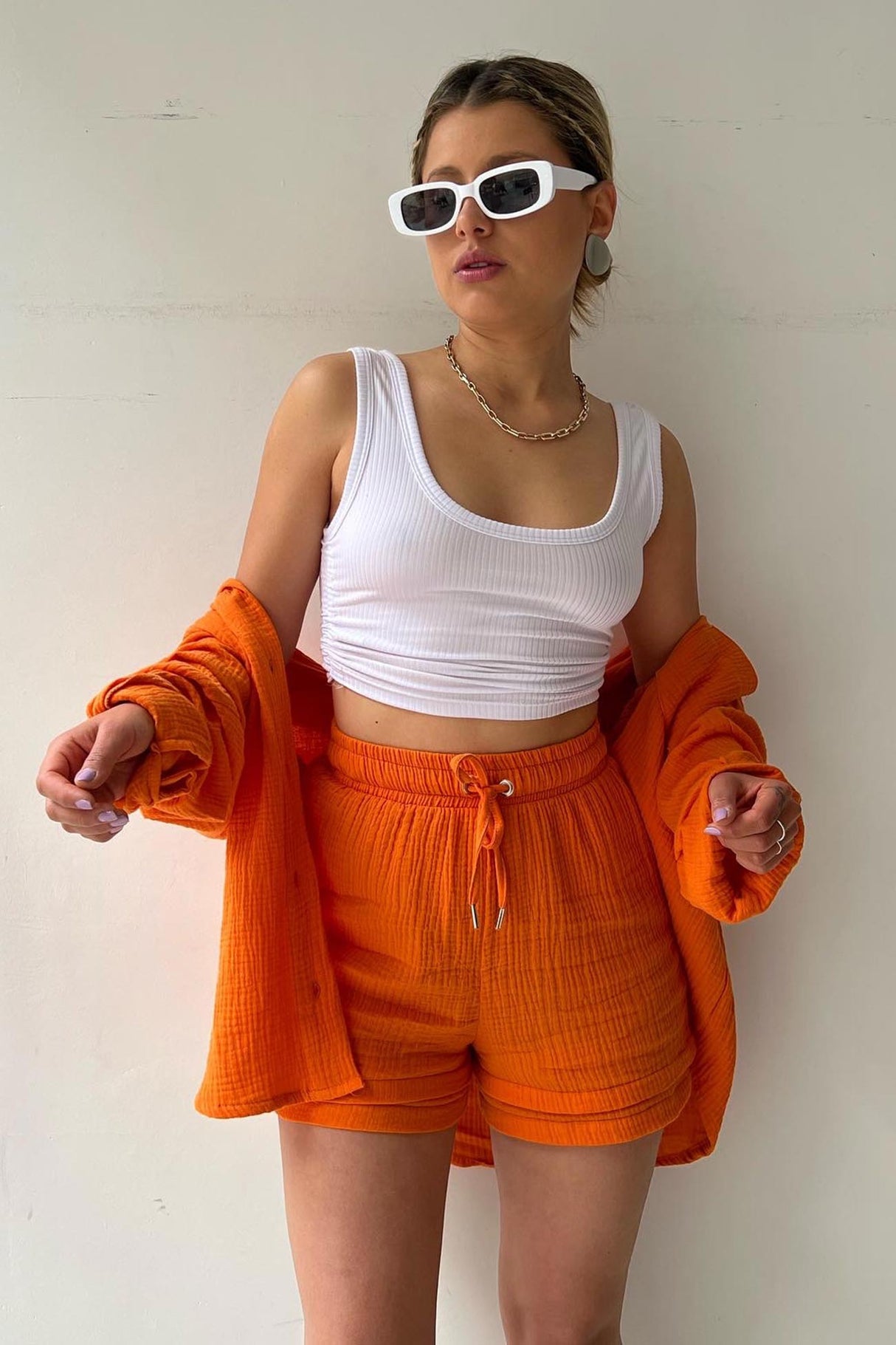 Arolora Long Sleeve Solid Color Shirt Shorts Set