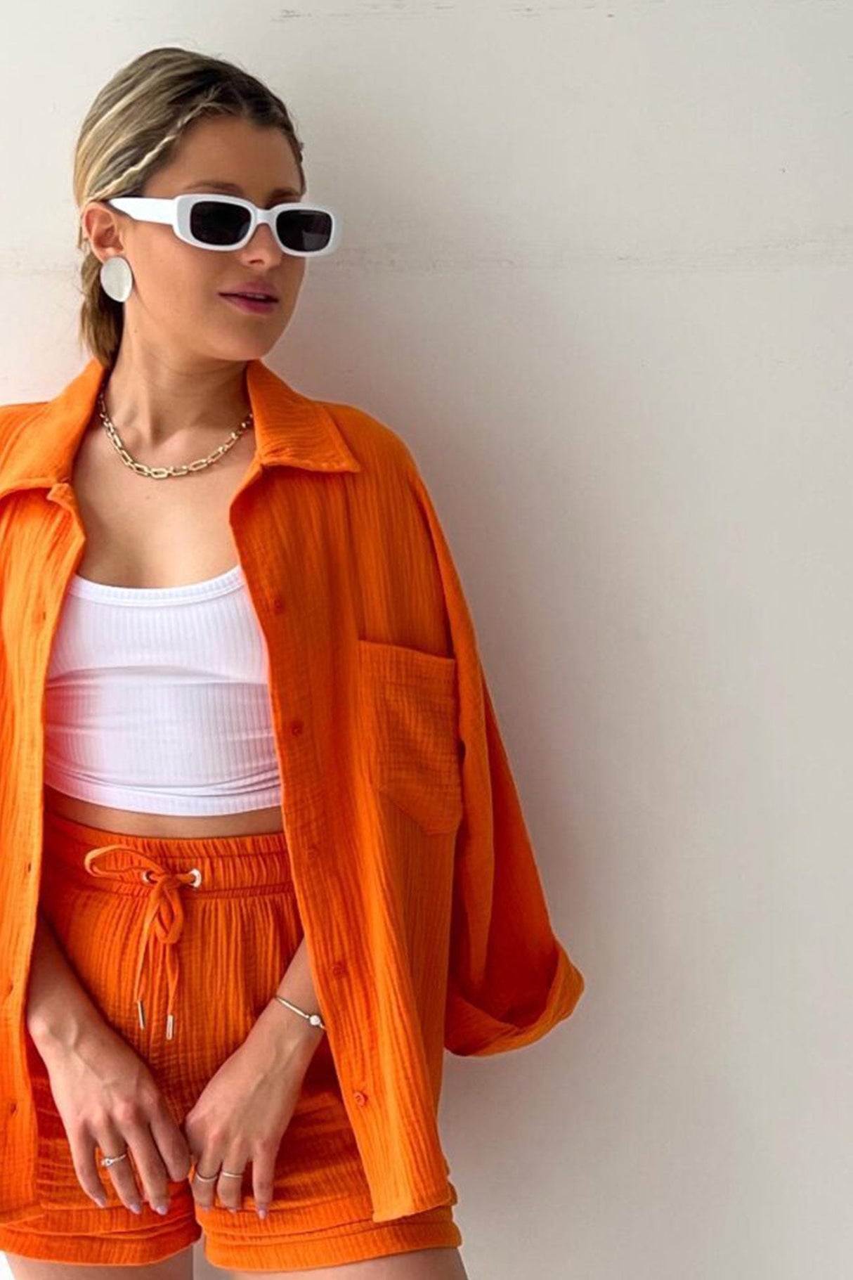 Arolora Long Sleeve Solid Color Shirt Shorts Set