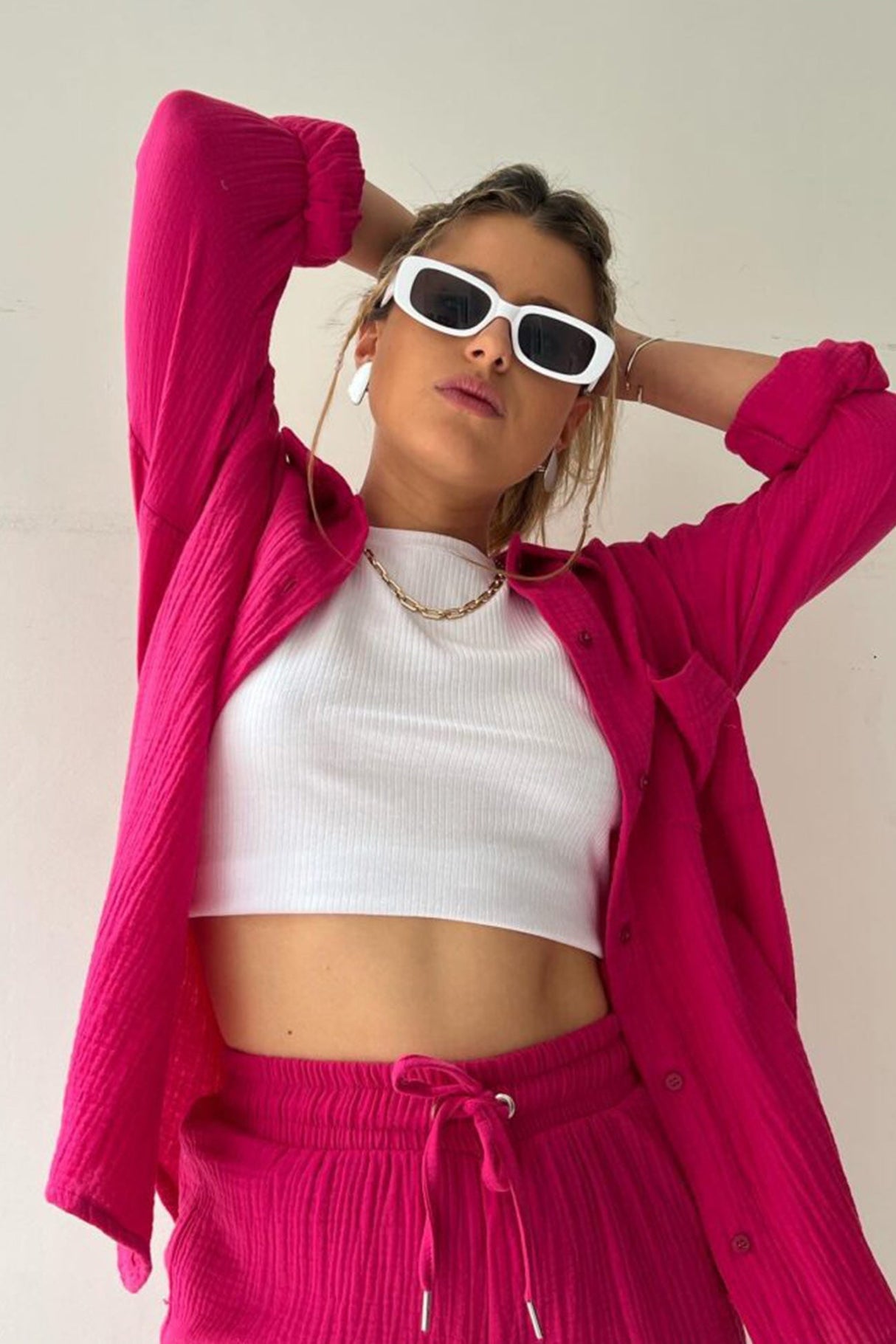 Arolora Long Sleeve Solid Color Shirt Shorts Set