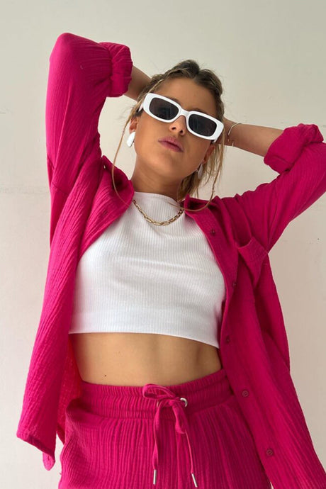 Arolora Long Sleeve Solid Color Shirt Shorts Set