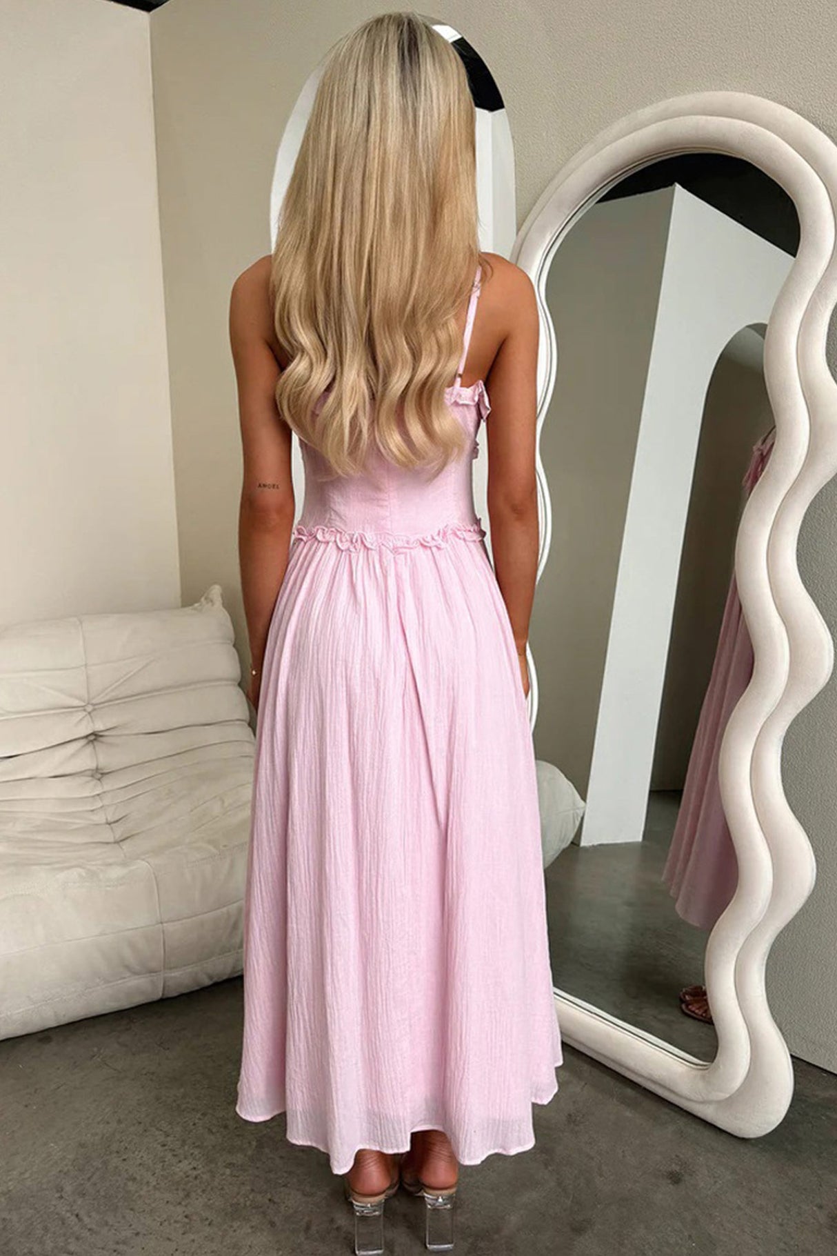 Arolora Low Cut Ruffle Cami Midi Dress