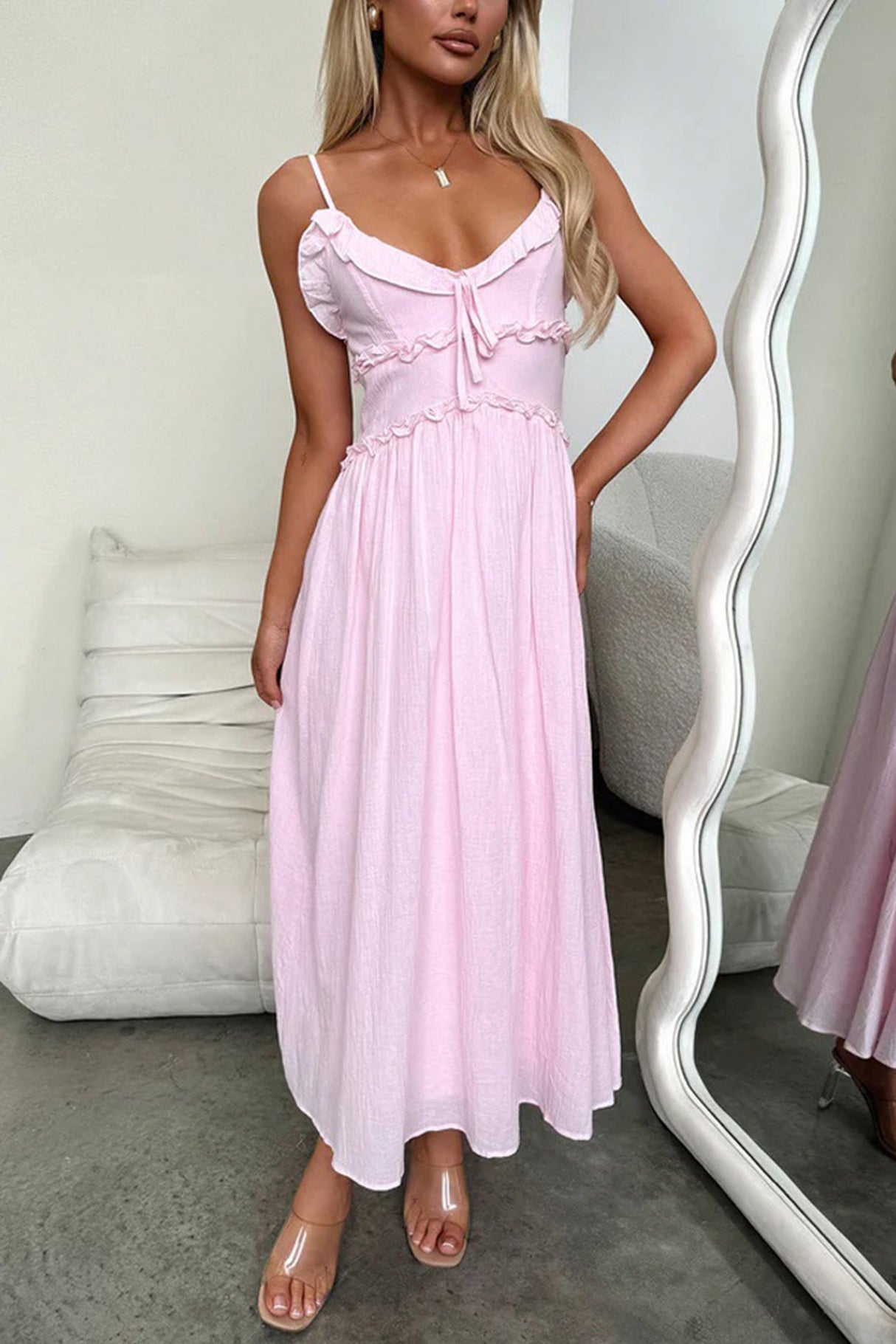 Arolora Low Cut Ruffle Cami Midi Dress