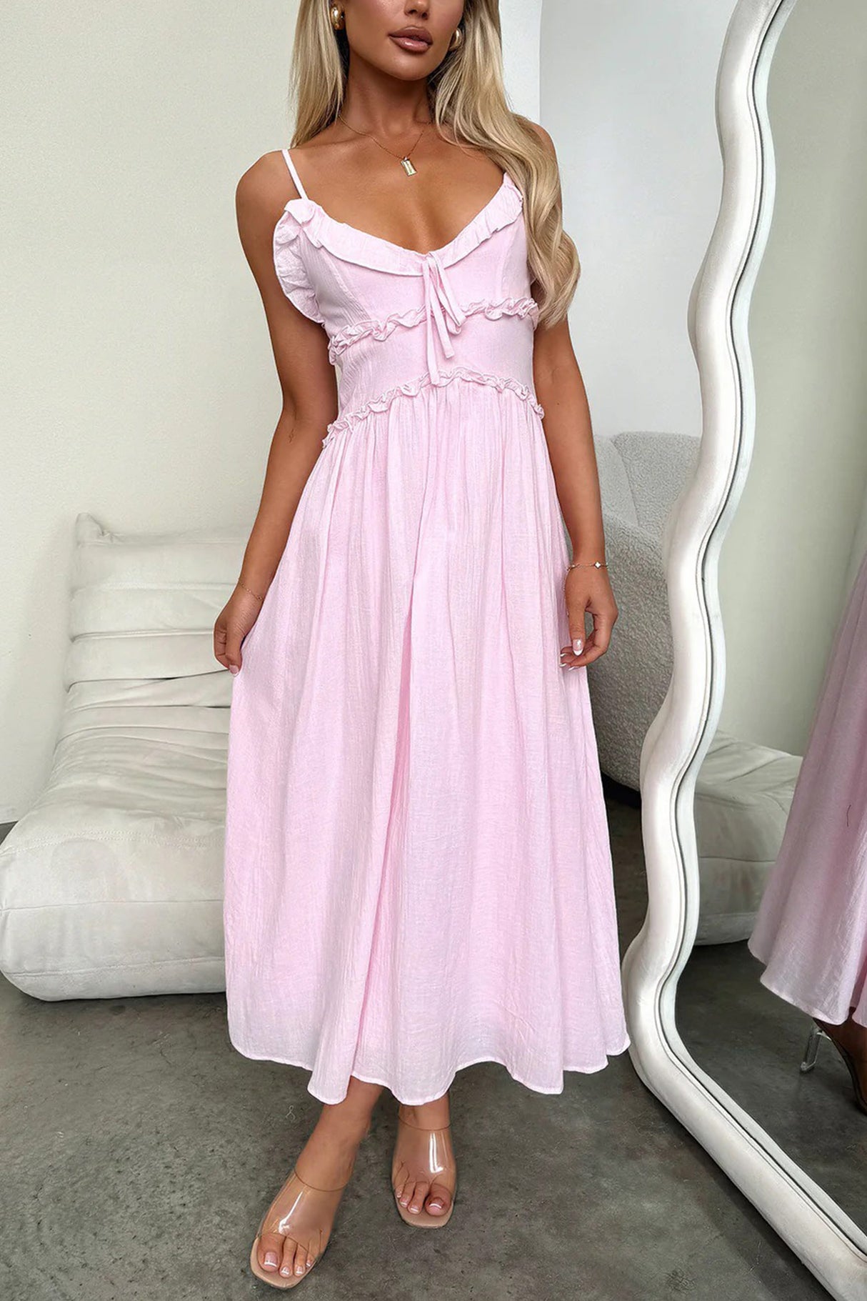 Arolora Low Cut Ruffle Cami Midi Dress