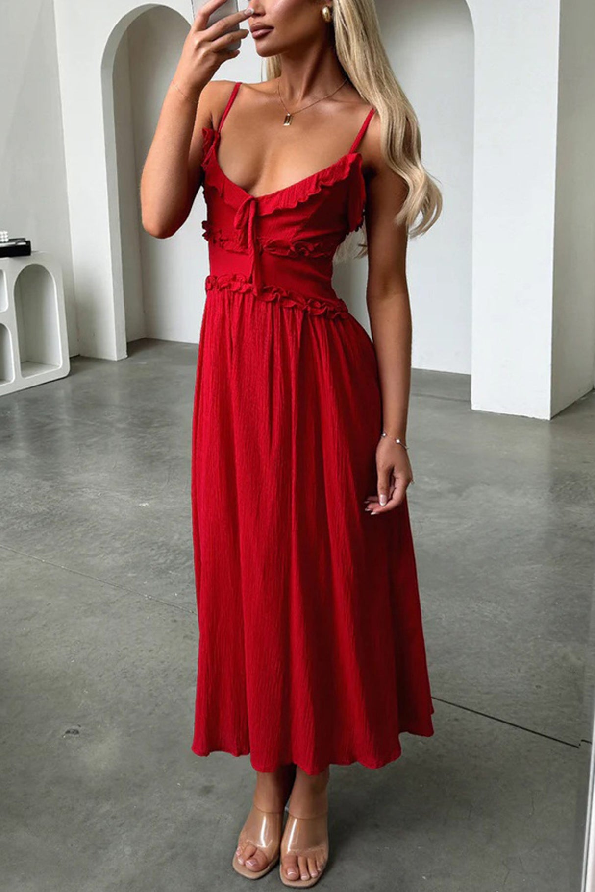 Arolora Low Cut Ruffle Cami Midi Dress