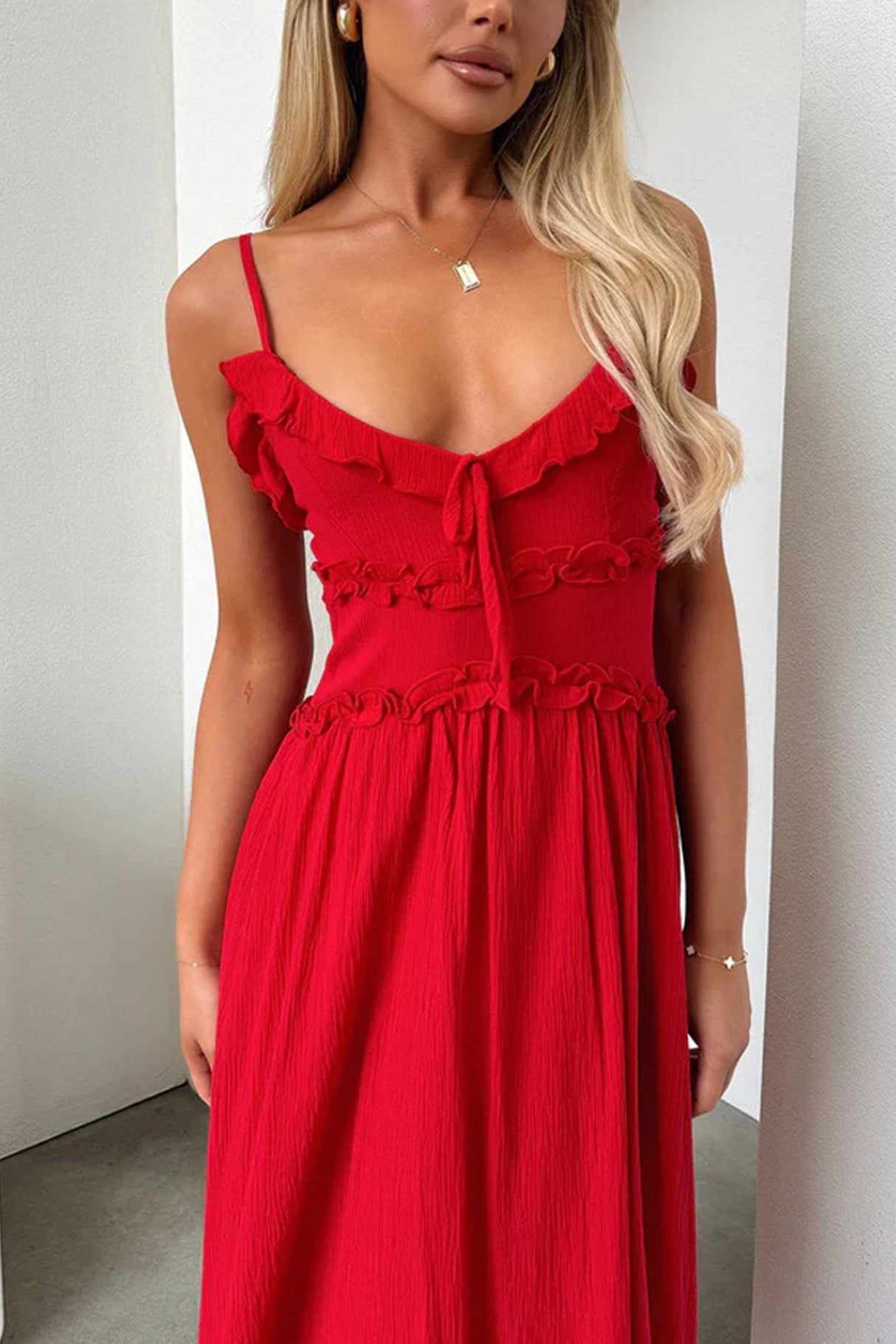 Arolora Low Cut Ruffle Cami Midi Dress