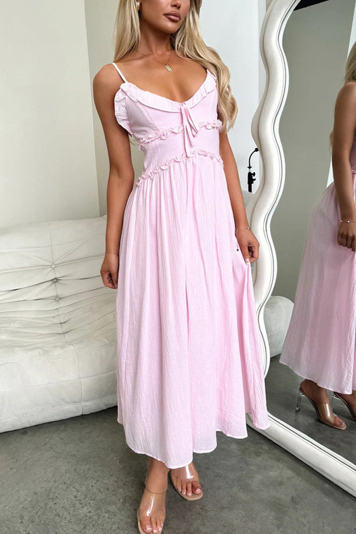 Arolora Low Cut Ruffle Cami Midi Dress