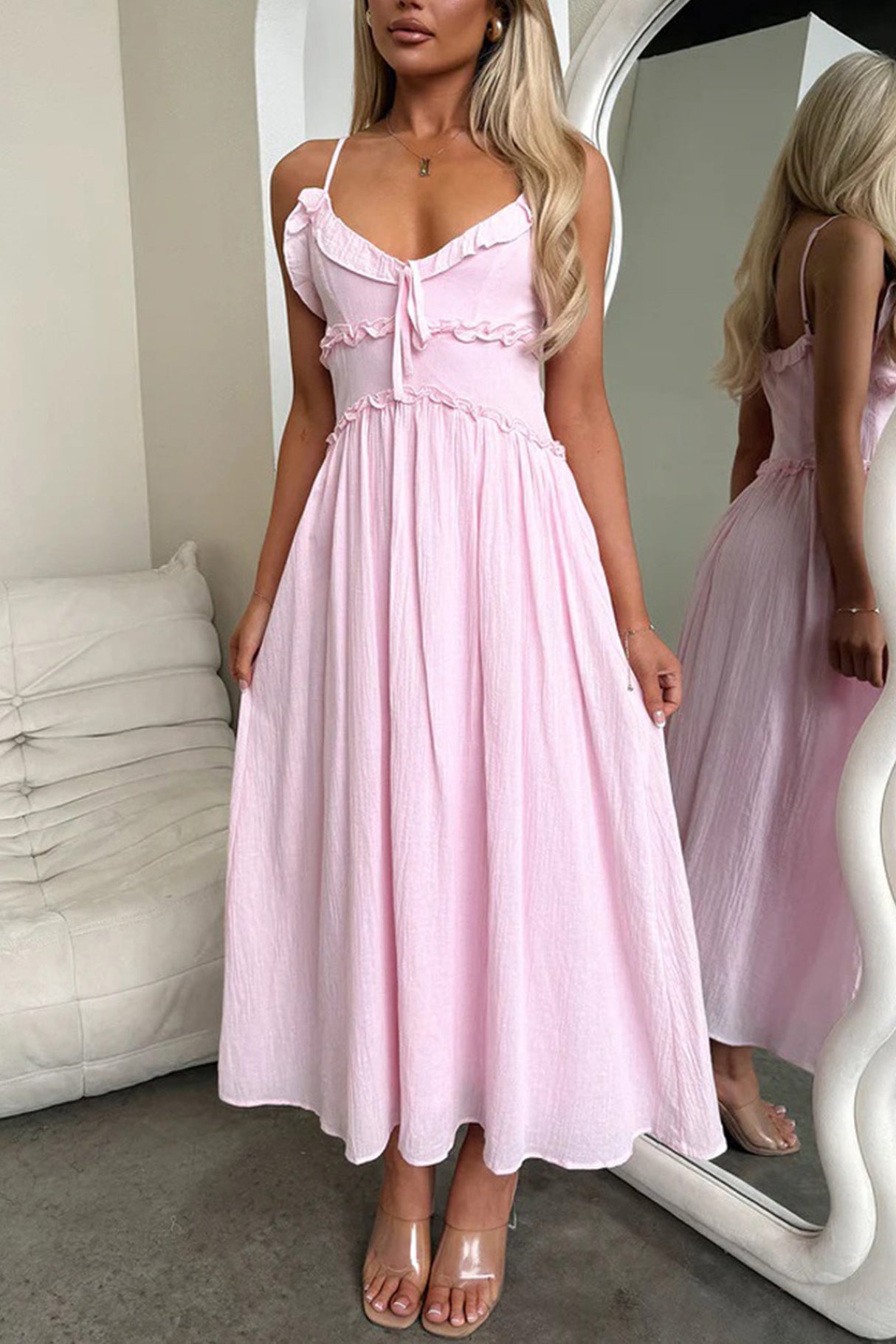 Arolora Low Cut Ruffle Cami Midi Dress