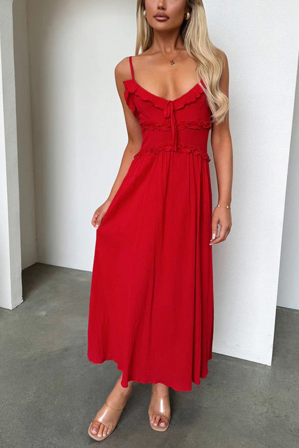 Arolora Low Cut Ruffle Cami Midi Dress