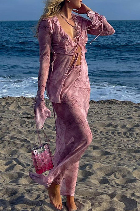 Mesh Printed Strappy Cardigan Skirt Suits