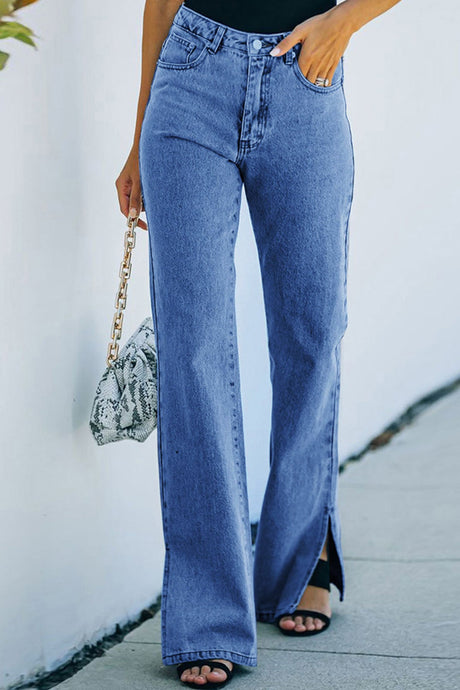 Arolora mid-waisted-slit-hem-washed-jeans