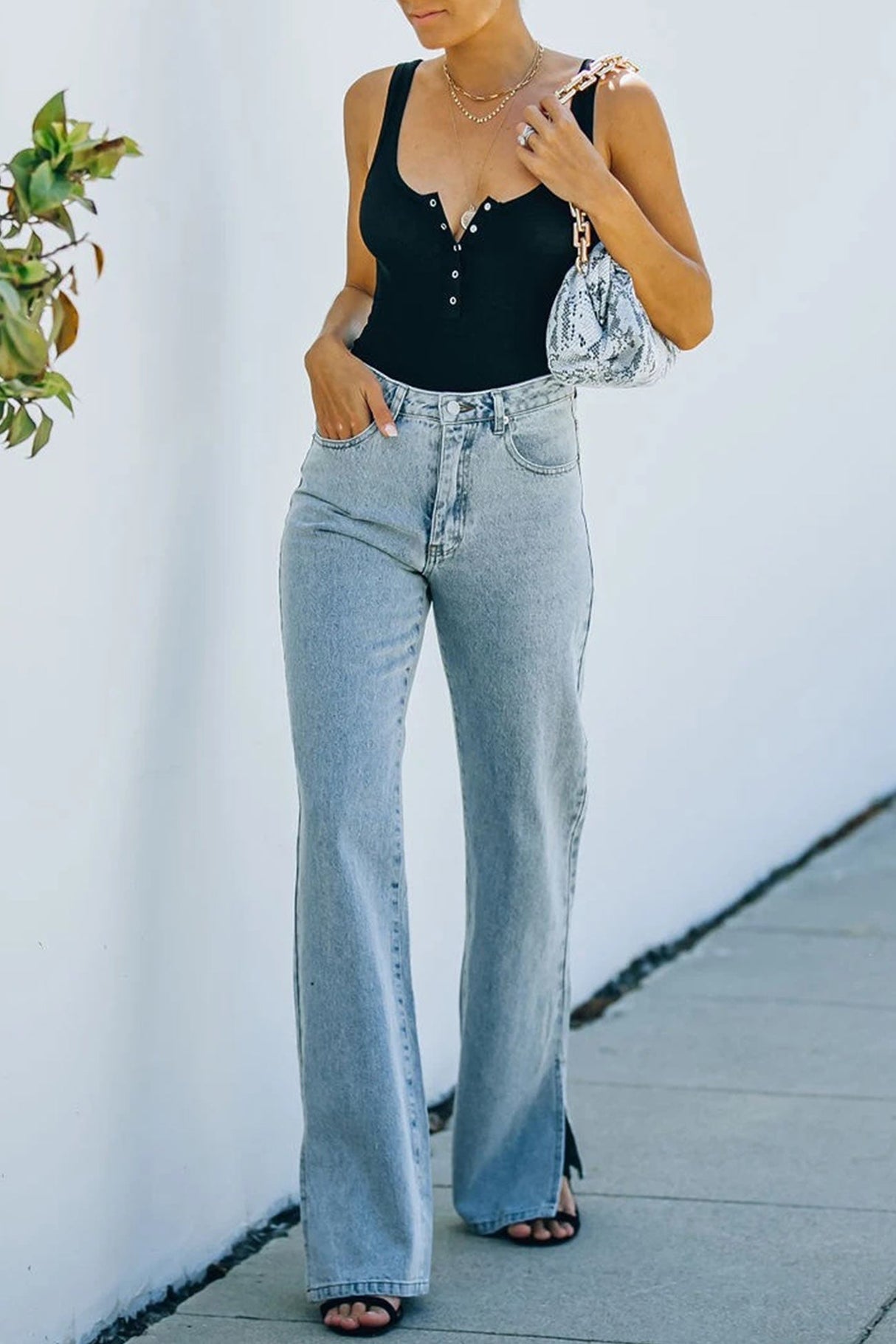 Arolora mid-waisted-slit-hem-washed-jeans