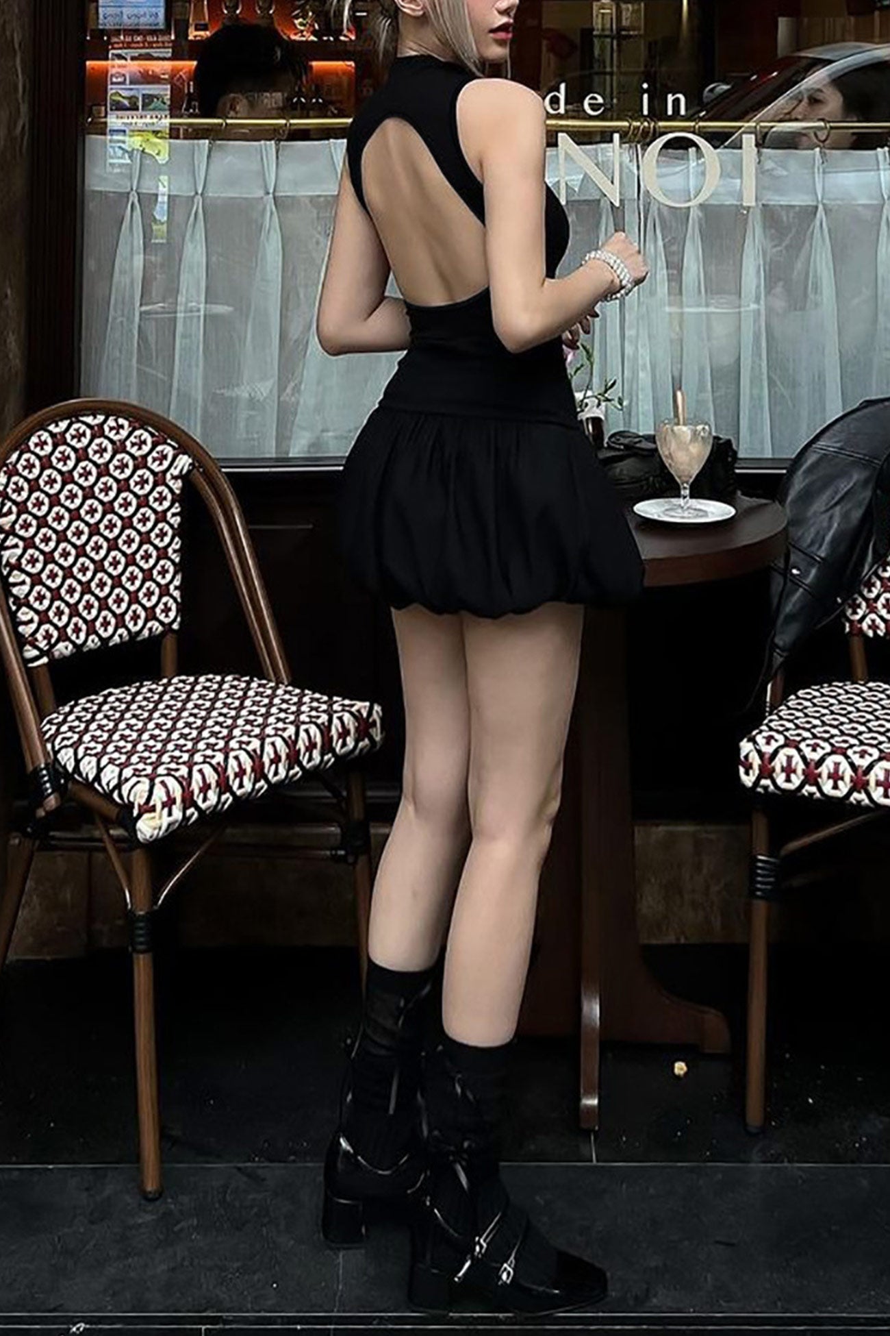 Arolora Mock Neck Cowl Back Knit Patchwork Ballon Dress