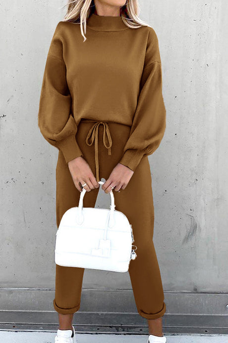 Mock Neck Puff Sleeve Sweatshirt Long Pants Suits