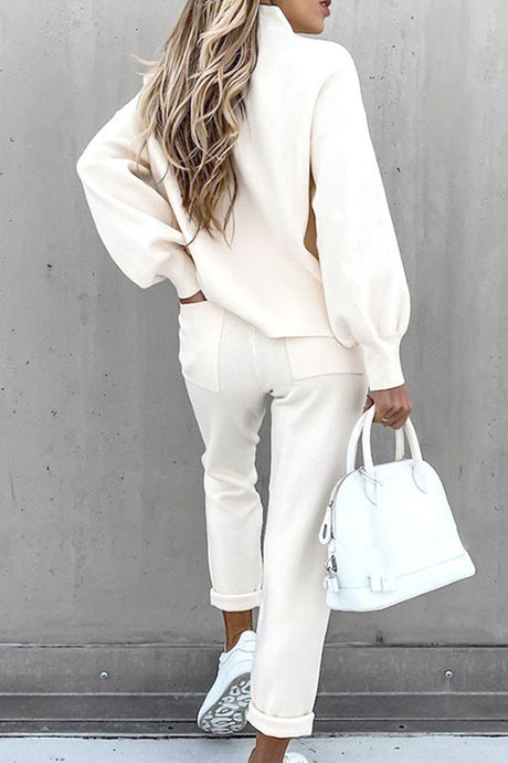 Mock Neck Puff Sleeve Sweatshirt Long Pants Suits