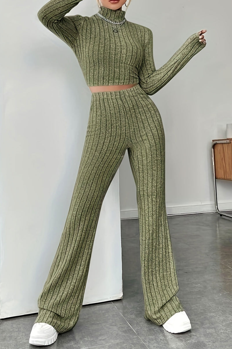 Mock Neck Ribbed Knit Crop Top Wide Leg Long Pants Set – AROLORA