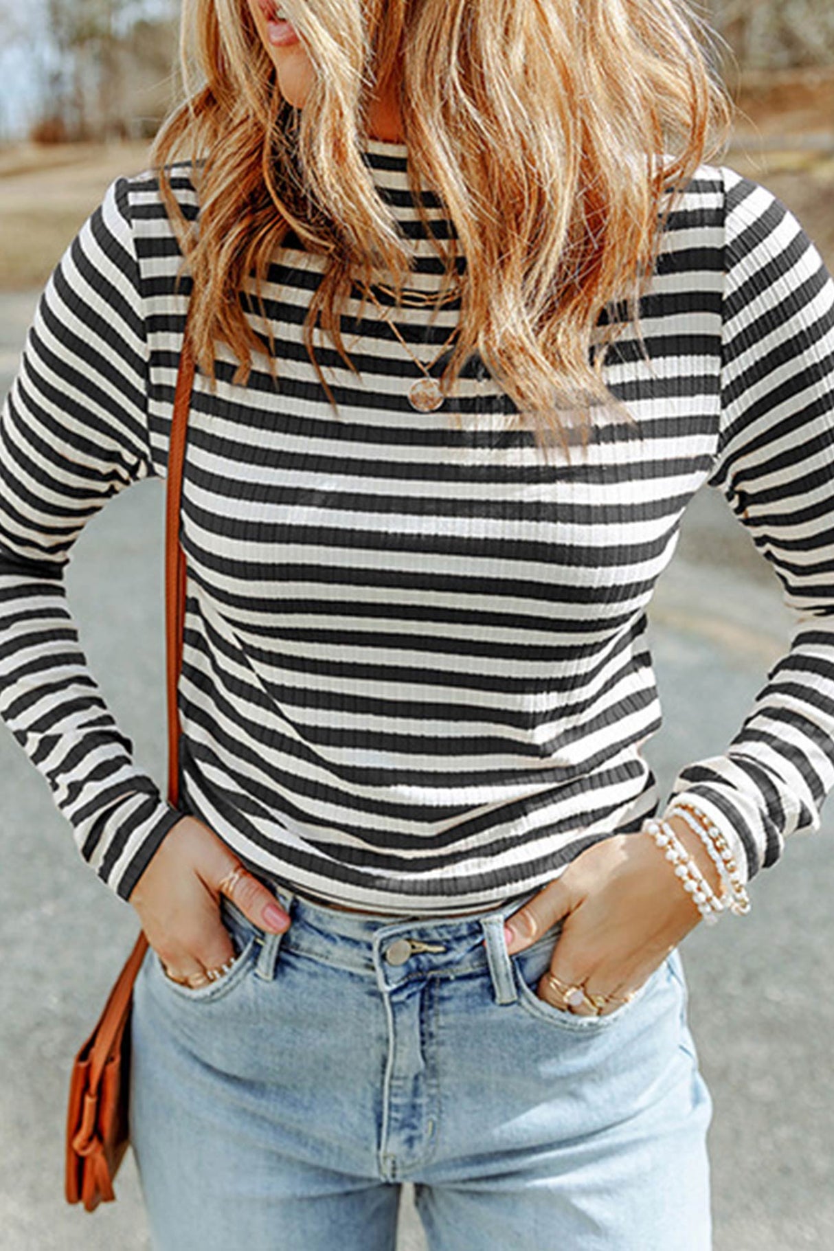 Arolora mock-neck-striped-knit-pullover