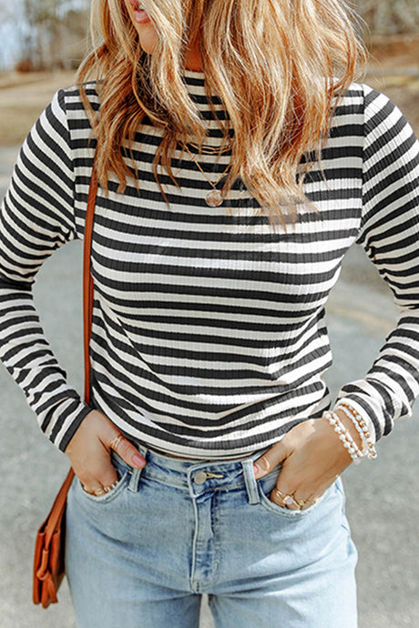 Arolora mock-neck-striped-knit-pullover
