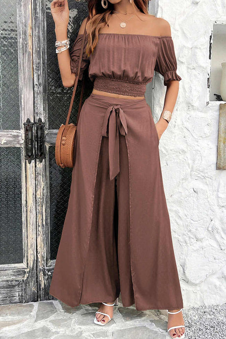 Arolora off-shoulder-crop-top-tie-up-pants-suits