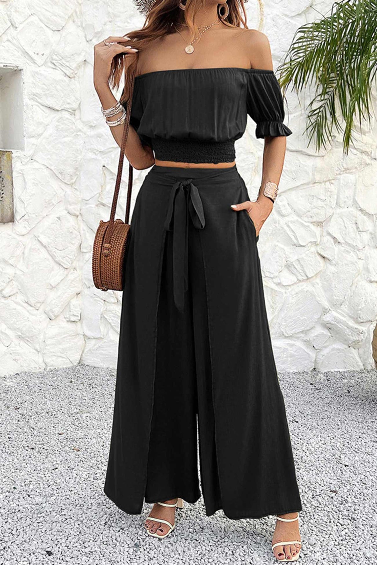 Arolora off-shoulder-crop-top-tie-up-pants-suits