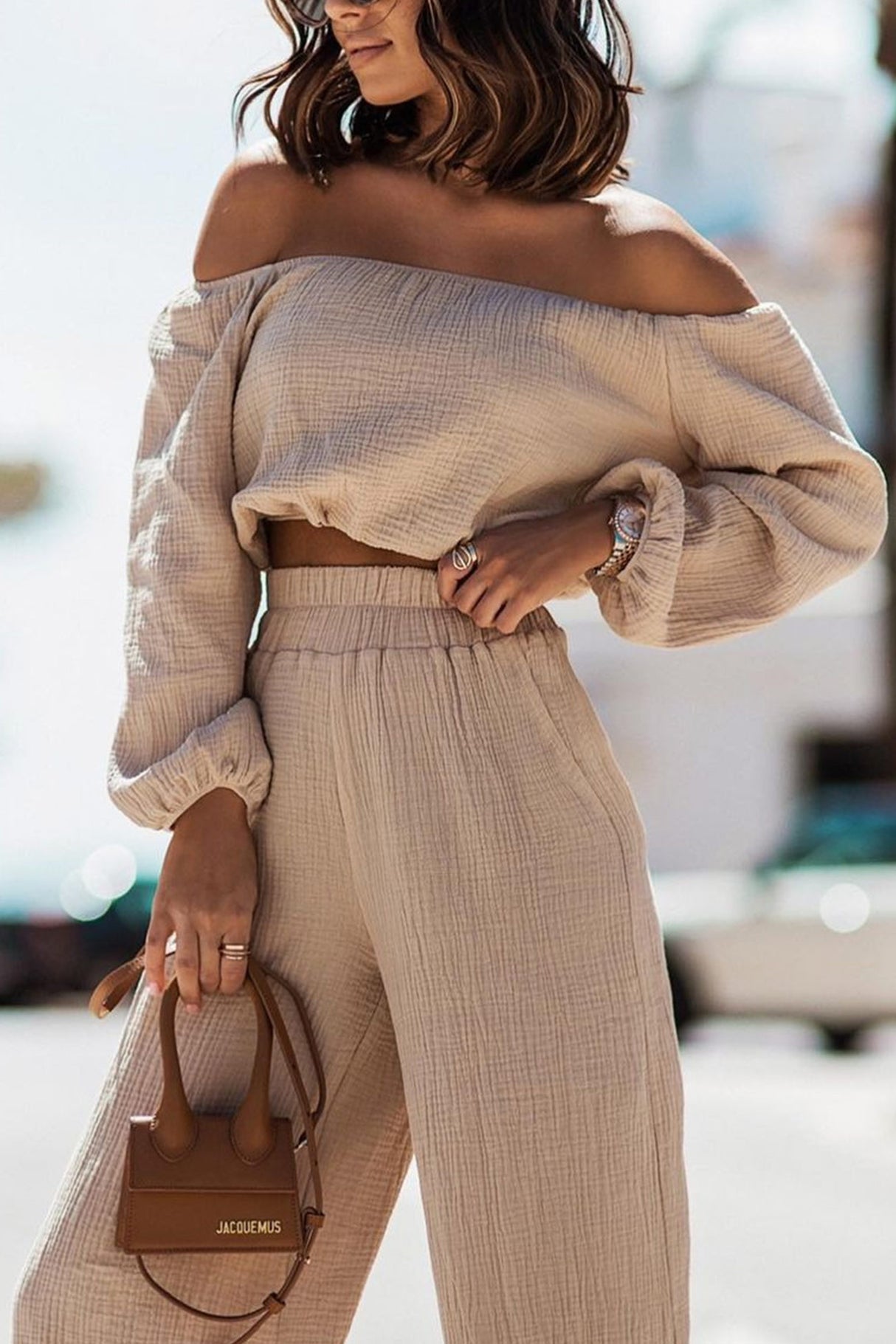 Off-shoulder Crop Top Wide Leg Long Pants Suits