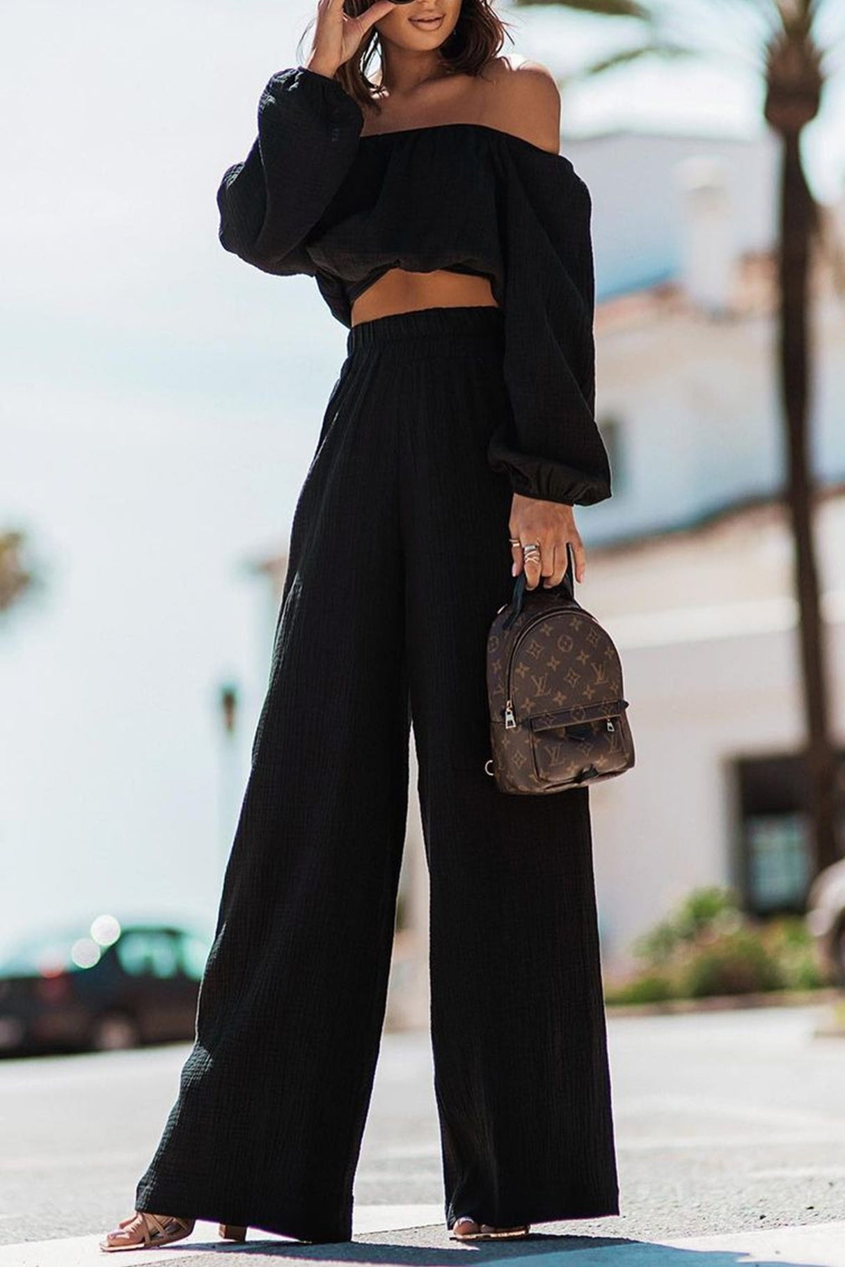 Off-shoulder Crop Top Wide Leg Long Pants Suits