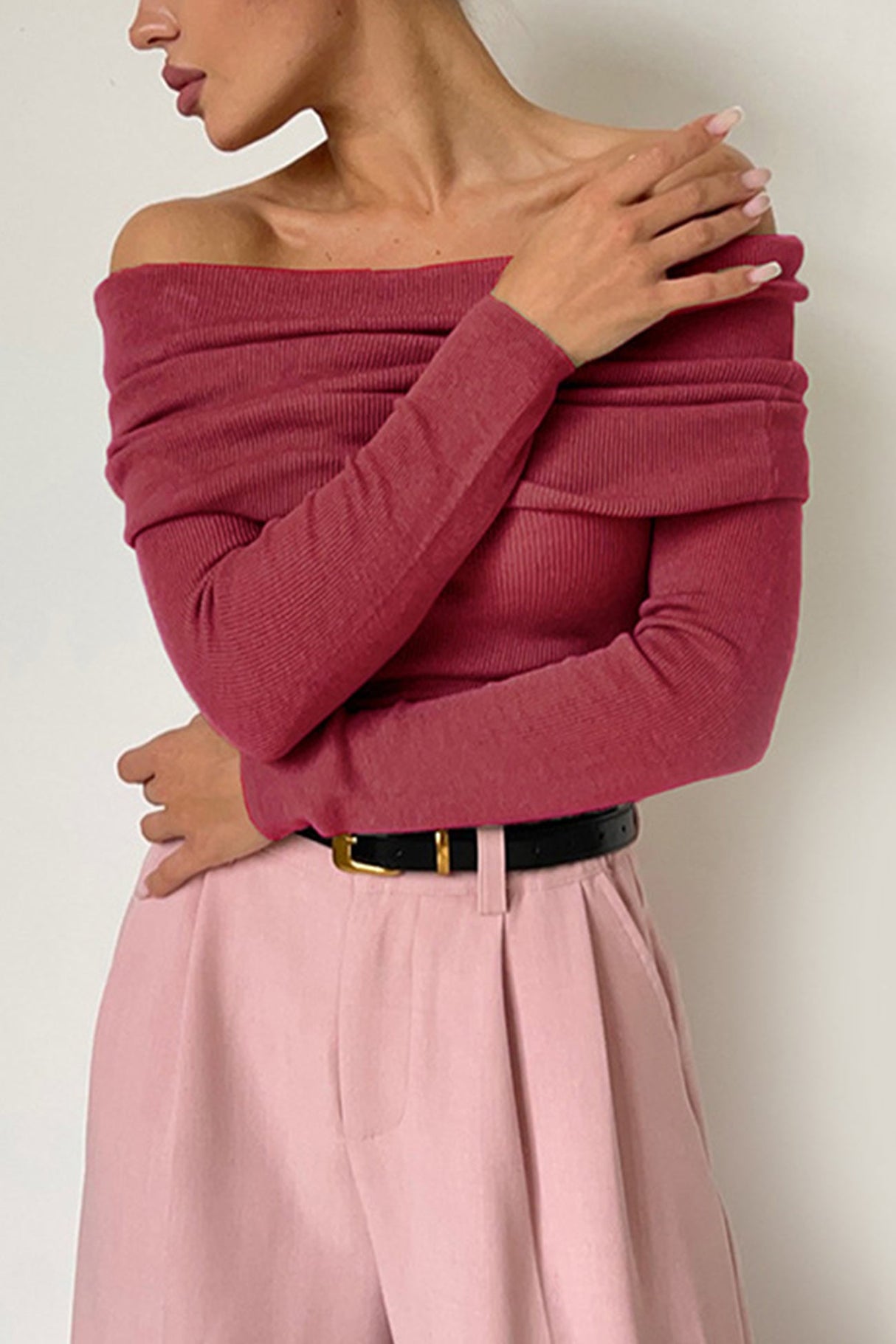 Arolora off-shoulder-long-sleeve-knit-tops