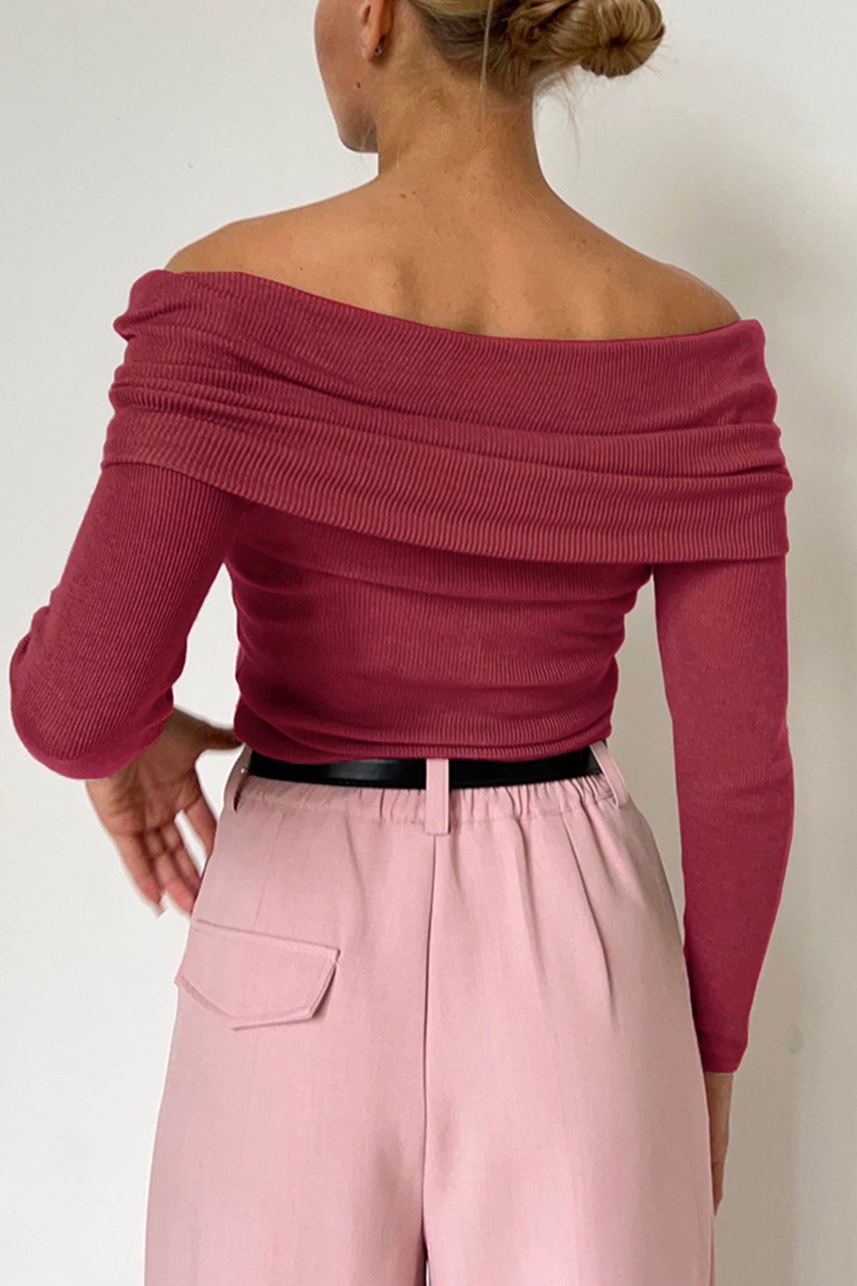 Arolora off-shoulder-long-sleeve-knit-tops