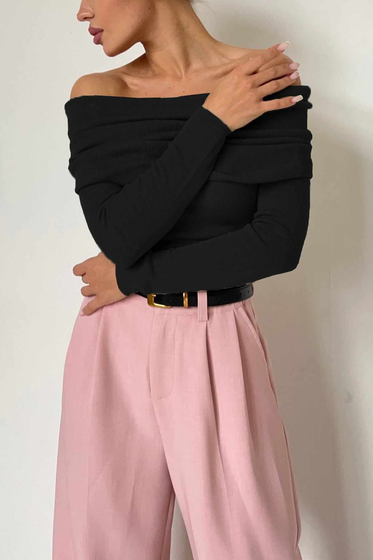 Arolora off-shoulder-long-sleeve-knit-tops