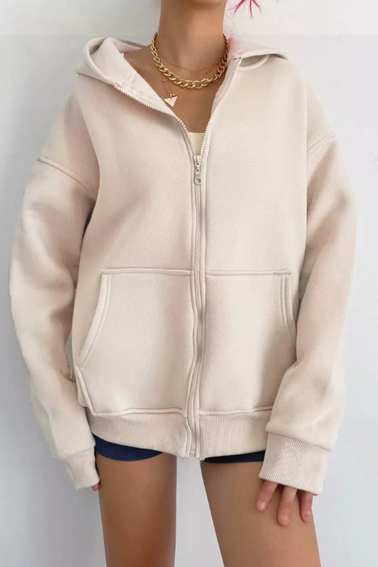 Arolora oversized-solid-zip-up-hoodie