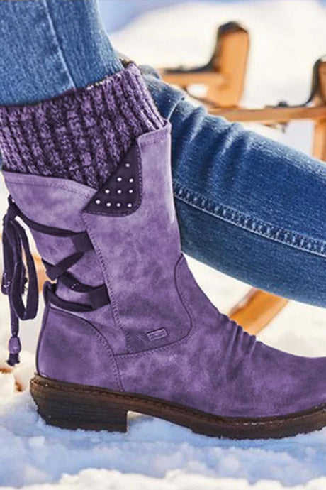 Mid-Calf Knitted Patchwork Lace Up Boots