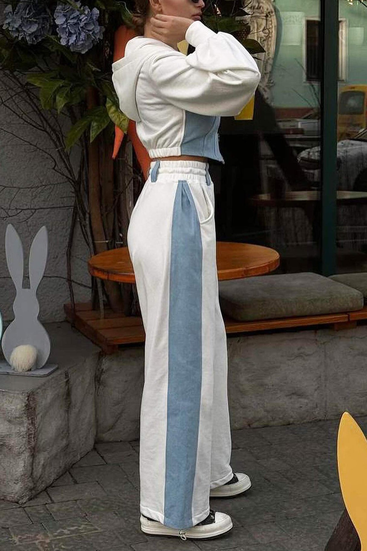 Patchwork Hooded Zipper Crop Top Pants Set