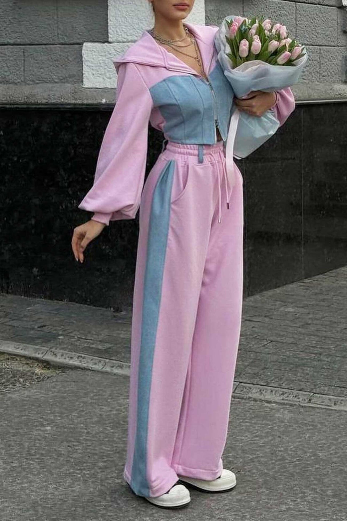 Patchwork Hooded Zipper Crop Top Pants Set