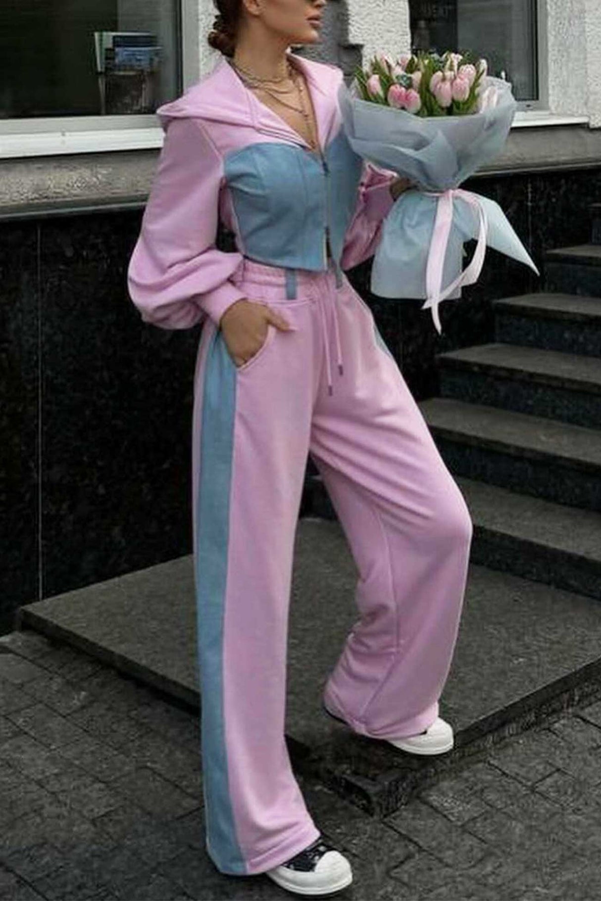 Patchwork Hooded Zipper Crop Top Pants Set