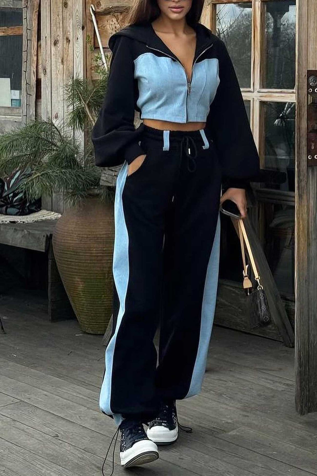 Patchwork Hooded Zipper Crop Top Pants Set