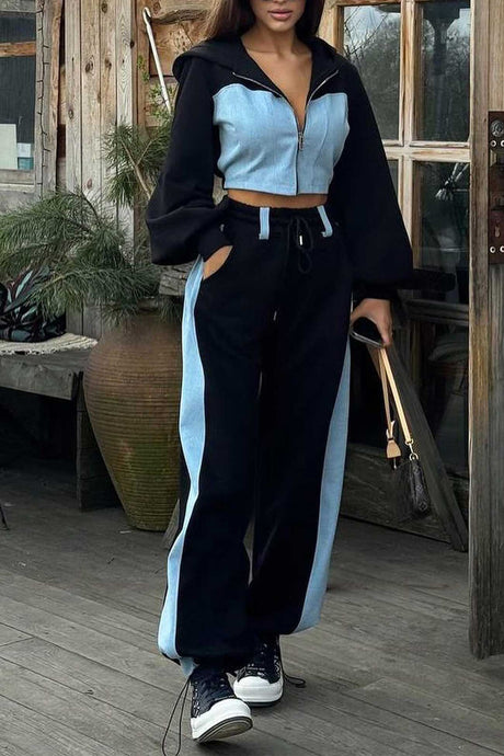 Patchwork Hooded Zipper Crop Top Pants Set