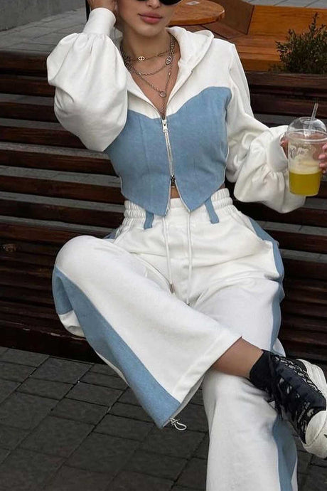 Patchwork Hooded Zipper Crop Top Pants Set