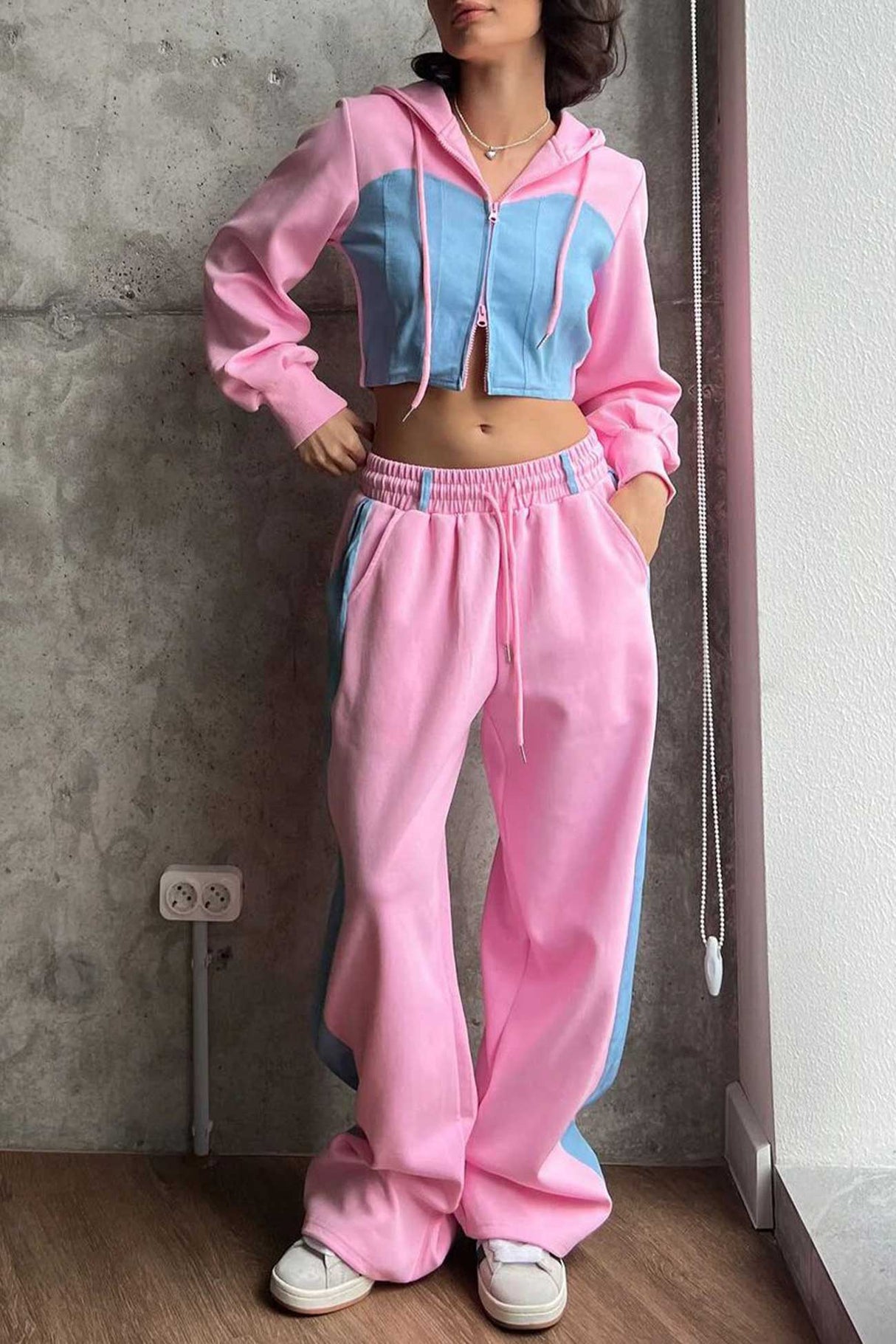 Patchwork Hooded Zipper Crop Top Pants Set