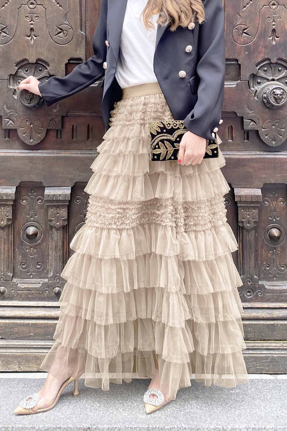Patchwork Mesh Shirring Tiered Skirt