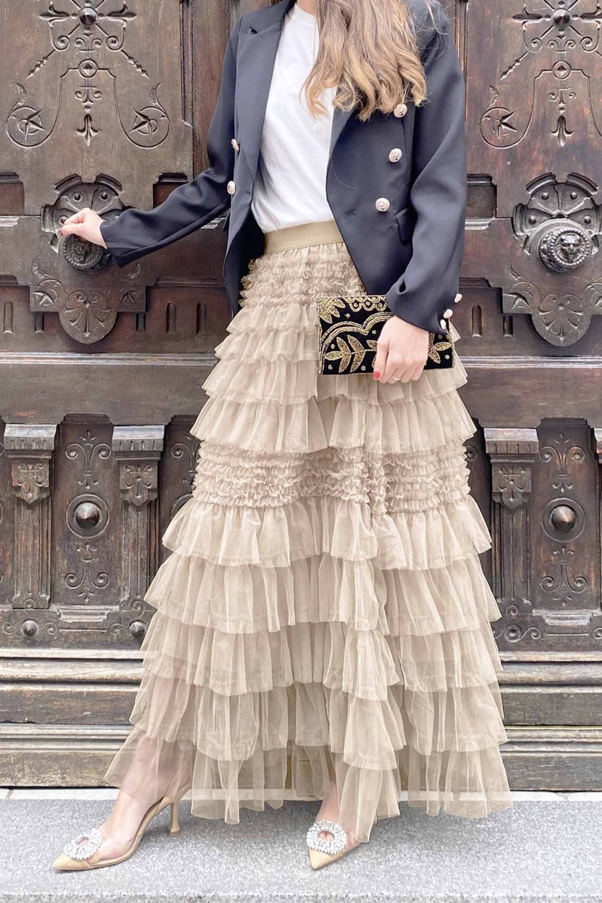 Patchwork Mesh Shirring Tiered Skirt